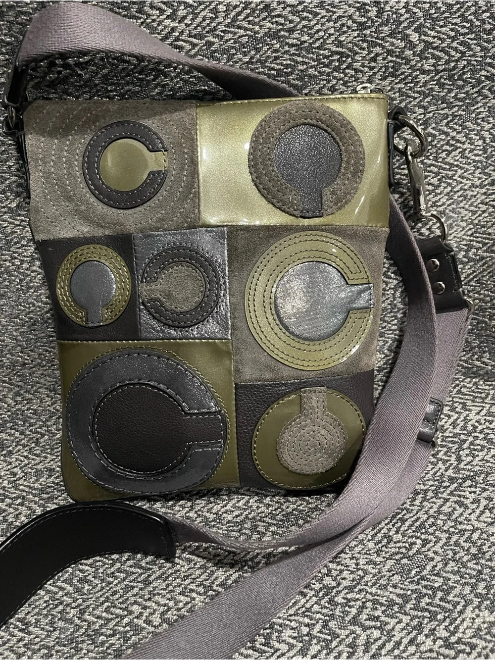Coach Rare Mia Inlaid Leather & Sued Patchwork Messenger Bag in Olive and Gray